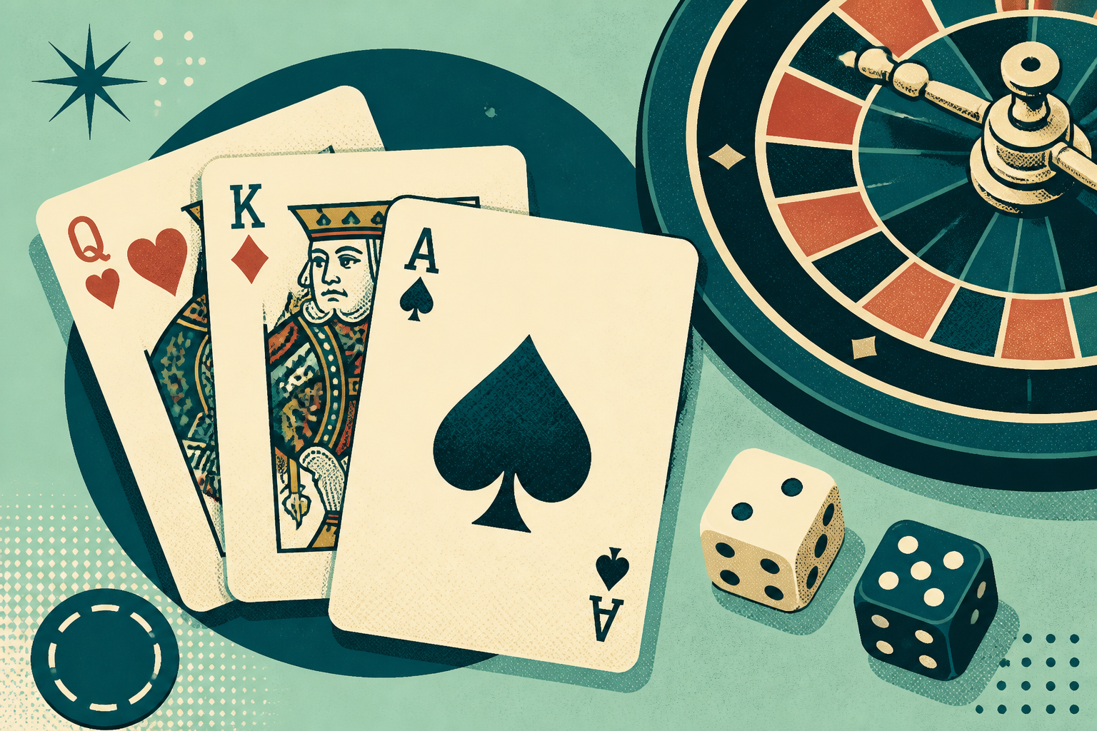 Illustration of cards, roulette detail and dice arranged for comparison