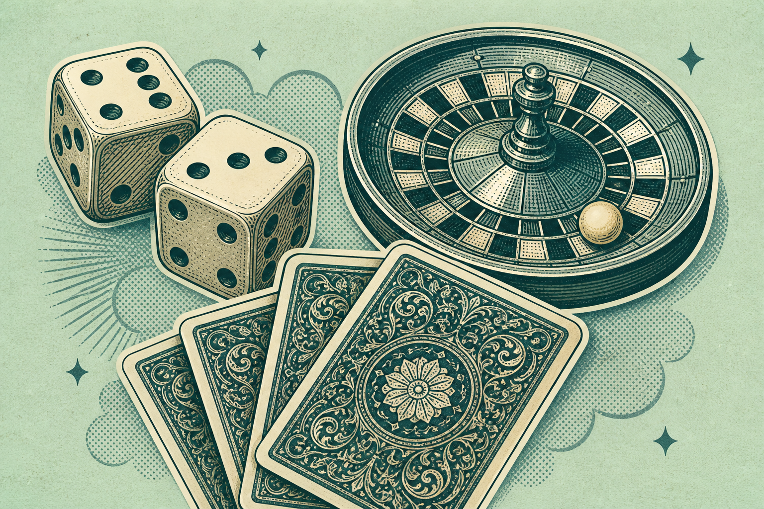Vintage dice, roulette ball and card backs illustration
